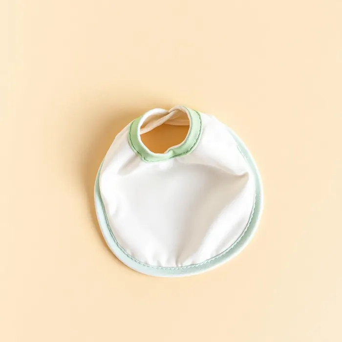 Soft cream baby bib with sage trim on a warm background
