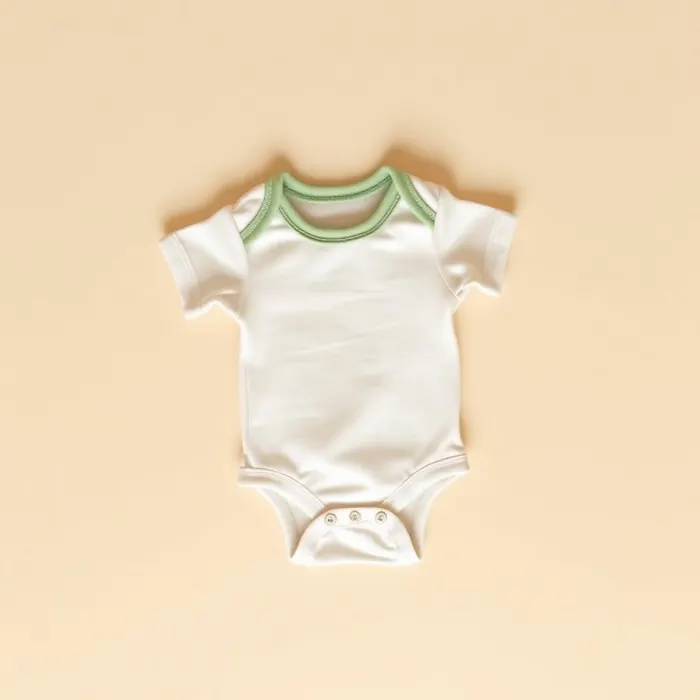 Cream baby onesie with sage trim on a warm background