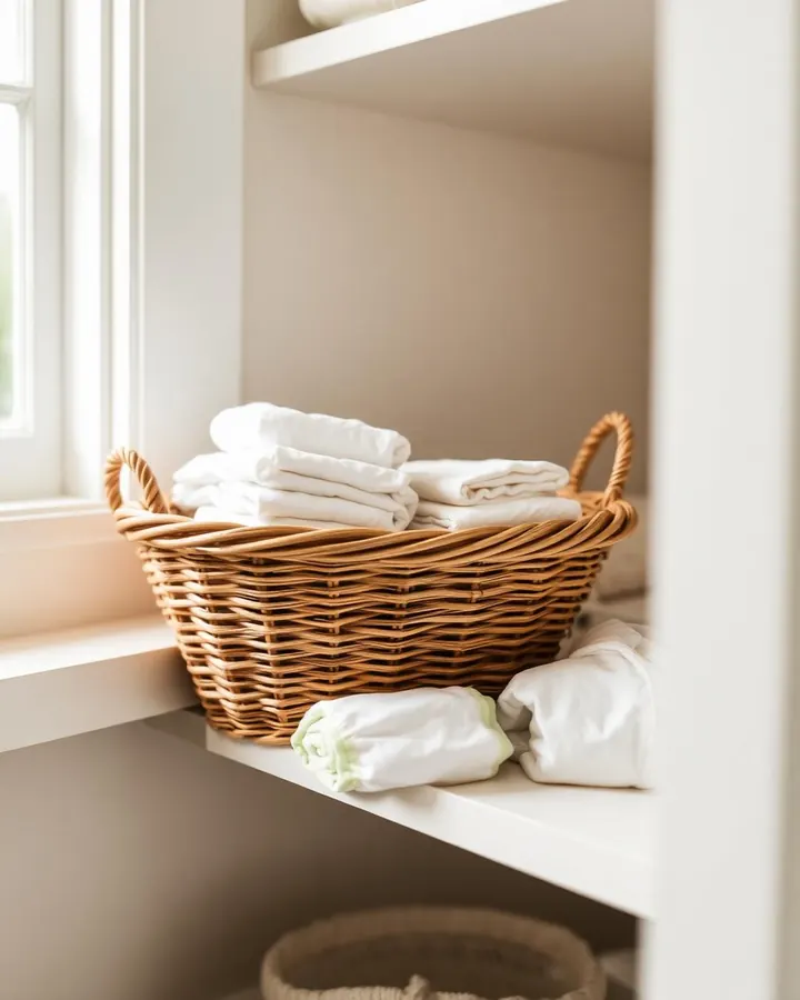 Woven basket of folded cloth diapers on a sunlit laundry room shelf
