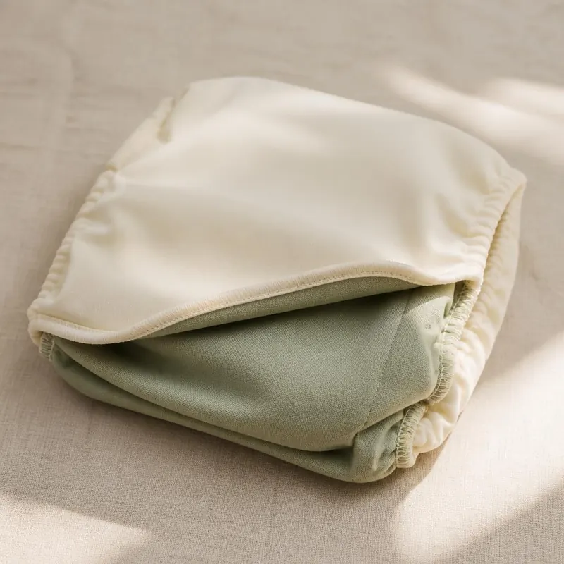 Folded all-in-one CORE PUL diaper fabric showing cream and sage waterproof layers in one piece