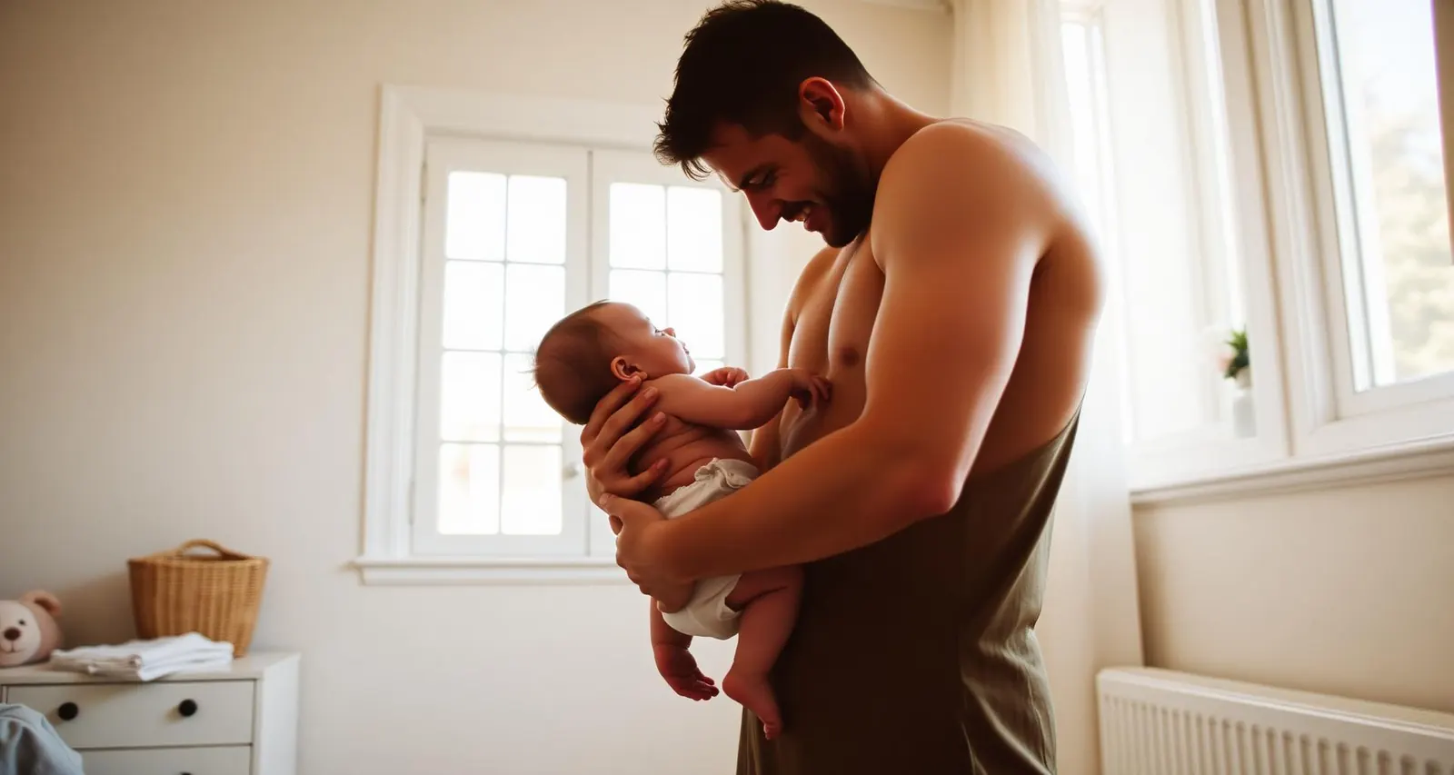 Parent cradling a baby in a cloth diaper beside a sunlit window