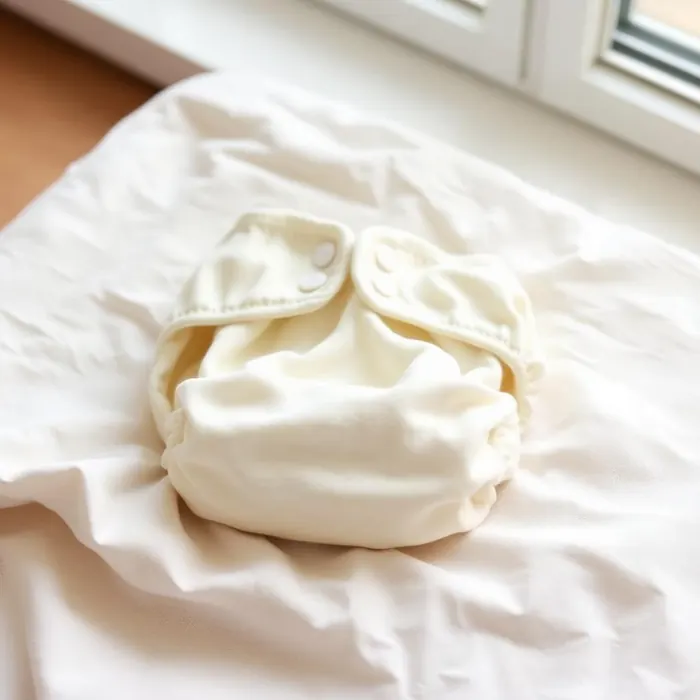 Finished all-in-one cloth diaper in cream jersey, folded on a linen surface