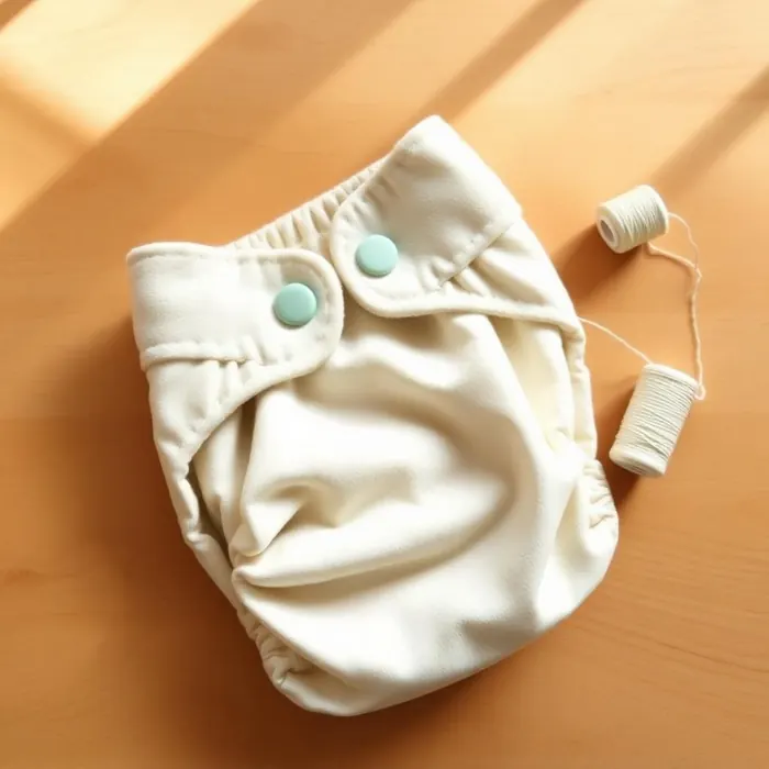 Fitted cloth diaper in soft bamboo fleece laid flat beside a spool of thread