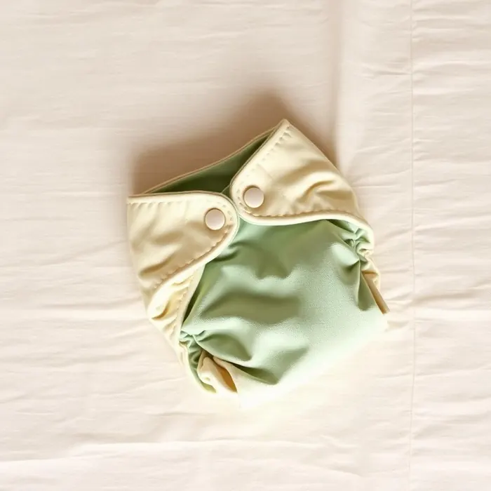 Small folded pet diaper wrap in soft cream and sage fabric on linen