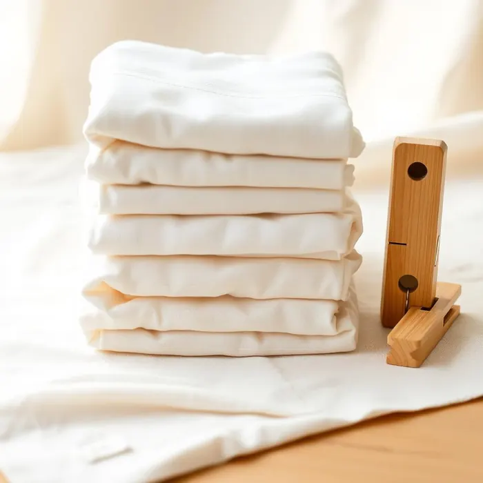 Stack of folded cotton prefold and flat diapers beside a wooden clothespin