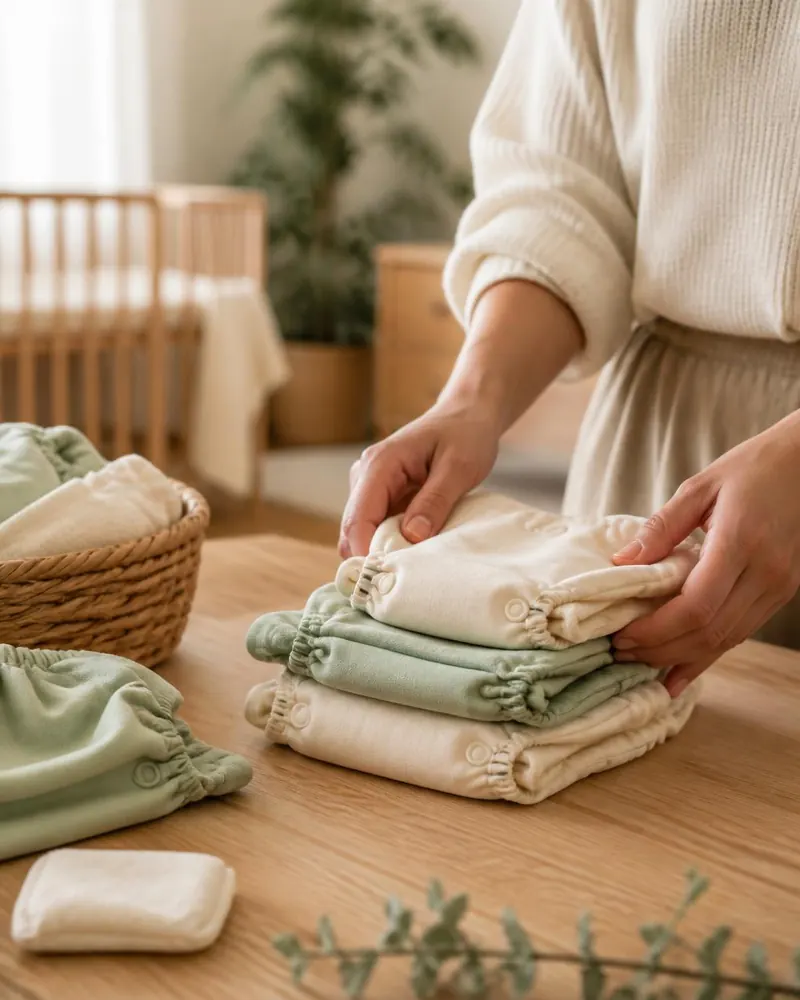 Parent folding soft cream and sage cloth diapers on a warm wooden table in a sunlit nursery