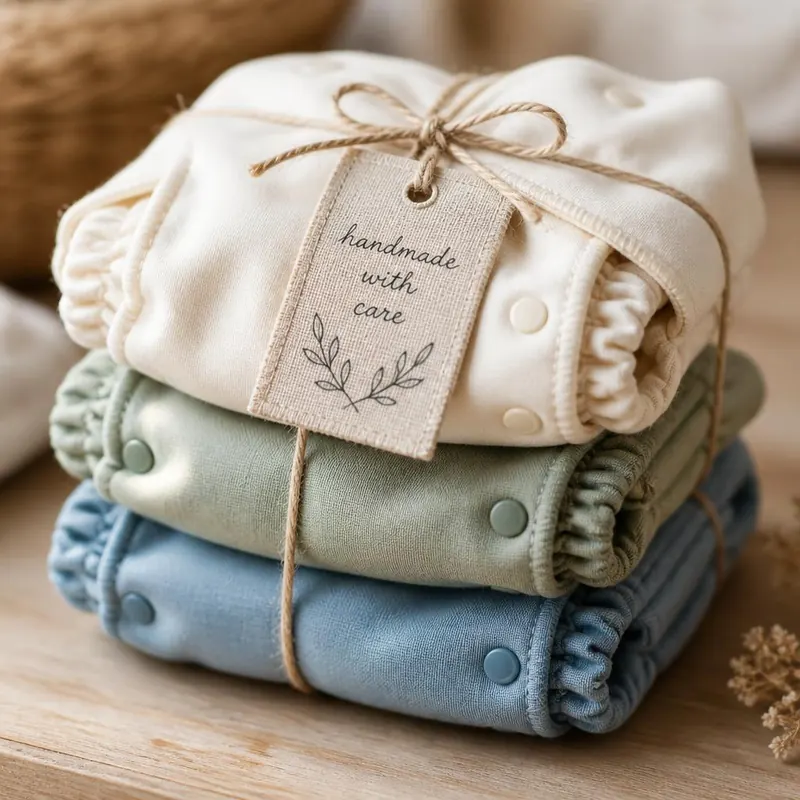 Folded stack of finished handmade cloth diapers tied with twine and a handmade tag