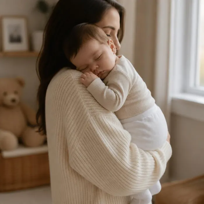 Parent in a knit sweater holding a sleeping baby in a cloth diaper against their shoulder in soft morning light