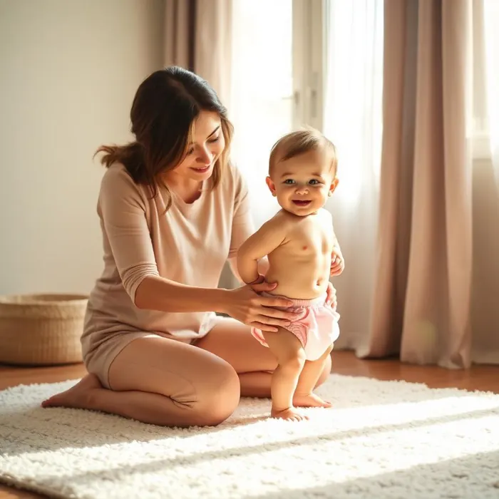 Caregiver kneeling on a rug dressing a smiling baby in a cloth diaper