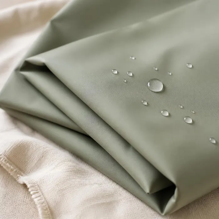 Folded sage green ProSoft ECO-PUL waterproof fabric with water droplets beading on the surface