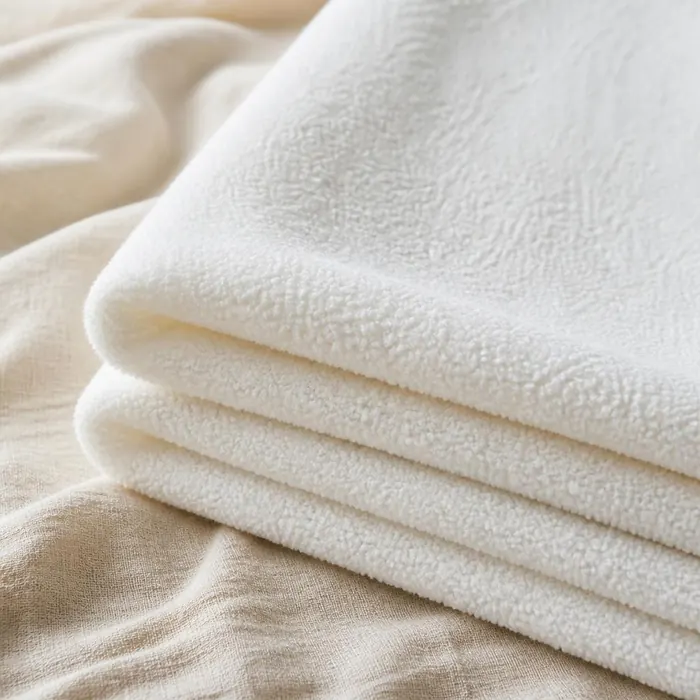 Folded white Zorb Original absorbent fabric with a soft, dense looped texture